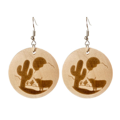 Wood and Silver-Plated Sunset Cactus Cattle Round Drop Earrings, silver drop earrings for women, everyday style, side view
