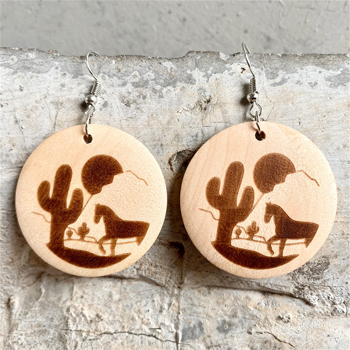 Wood and Silver-Plated Sunset Cactus Horse Round Drop Earrings, silver drop earrings for women, front view
