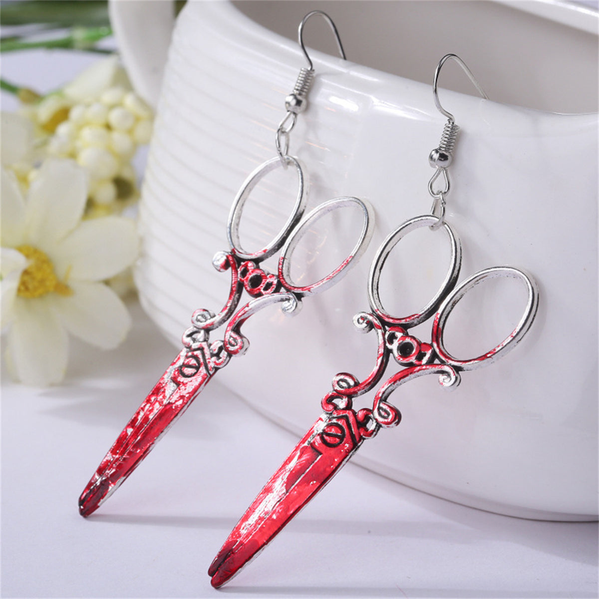 Red Enamel and Silver-Plated Scissors Drop Earrings, silver drop earrings for women, elegant gift for her, front view