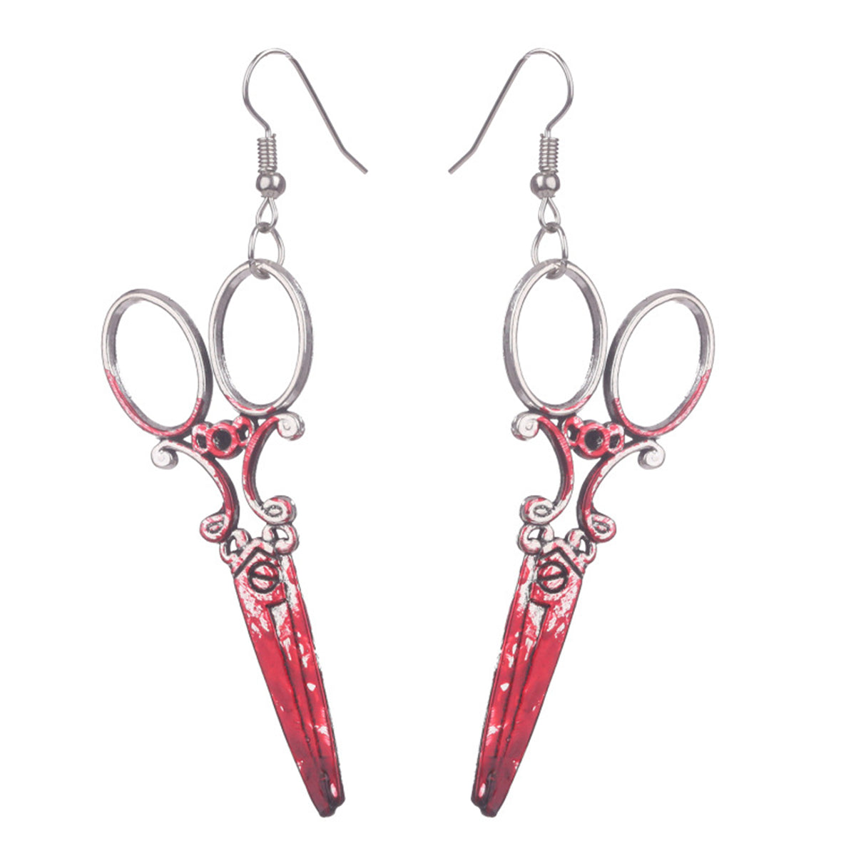 Red Enamel and Silver-Plated Scissors Drop Earrings, silver drop earrings for women, elegant gift for her, side view