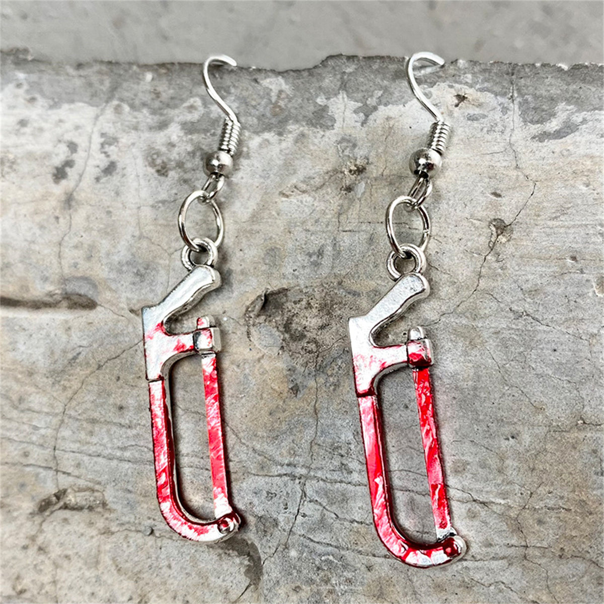 Red Enamel and Silver-Plated Saw Drop Earring, silver drop earrings for women, everyday style, front view
