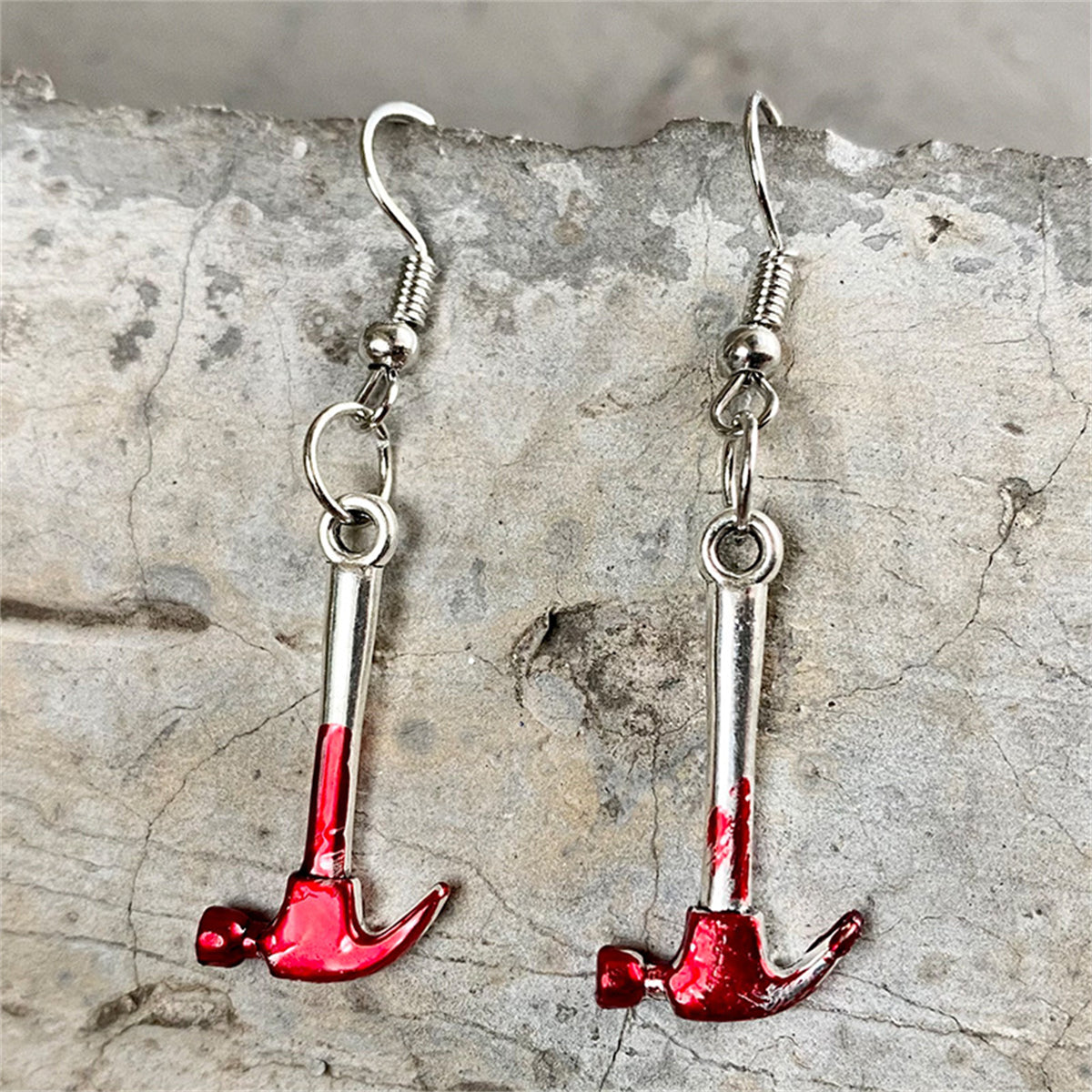 Red and Silver-Plated Hammer Drop Earring, silver drop earrings for women, everyday style, front view