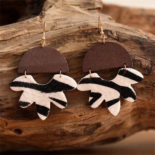 Brown and White Zebra Floral Drop Earrings, drop earrings for women, dainty minimalist design, front view
