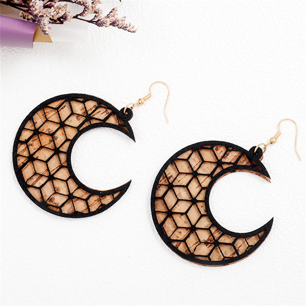 Black Acrylic and Polystyrene 18K Gold-Plated Moon Drop Earrings, gold drop earrings for women, front view