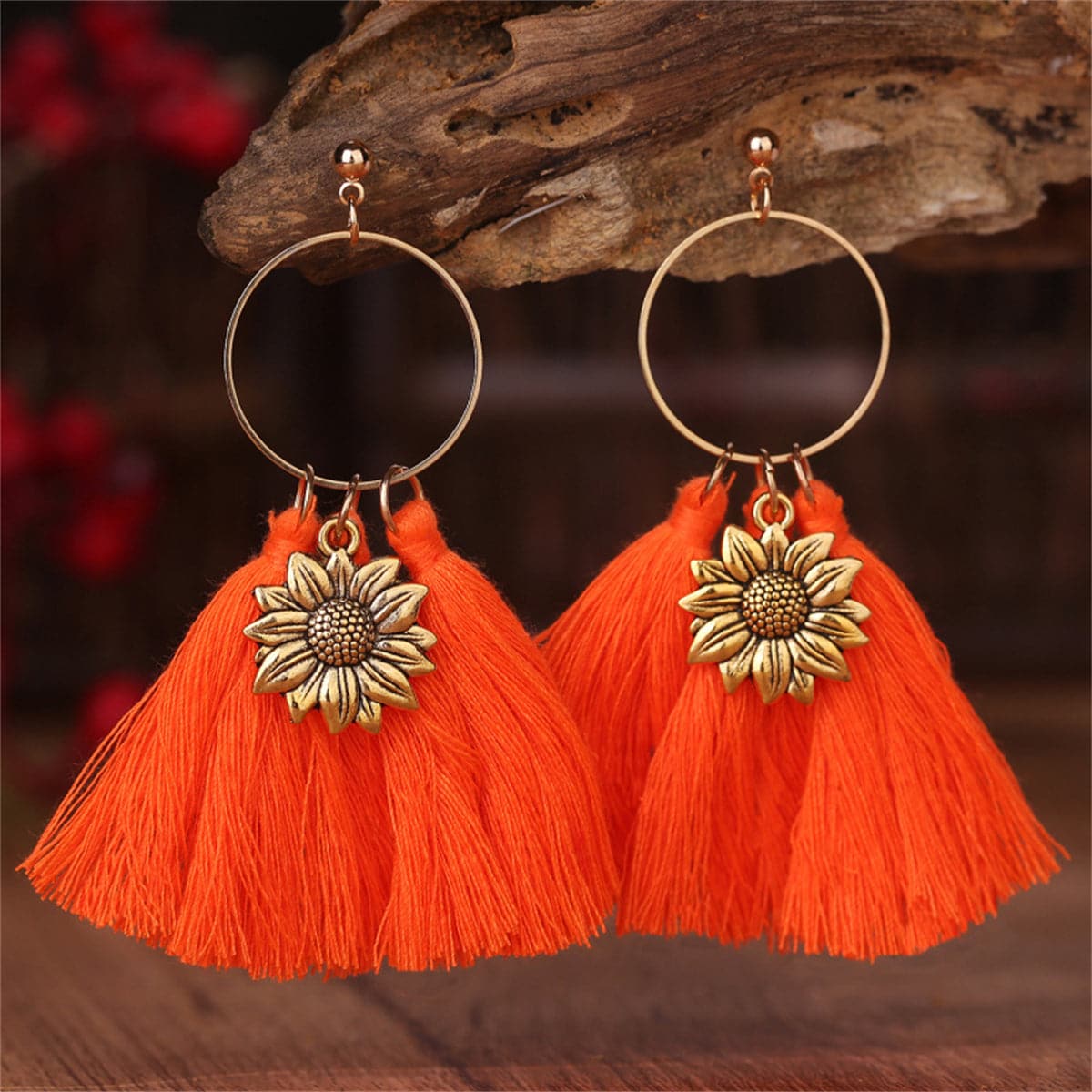 Orange Polyster and 18K Gold-Plated Sunflower Tassel Drop Earrings, gold drop earrings for women, front view