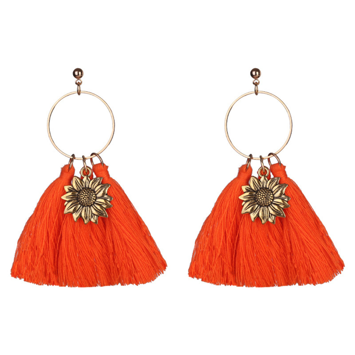 Orange Polyster and 18K Gold-Plated Sunflower Tassel Drop Earrings, gold drop earrings for women, side view
