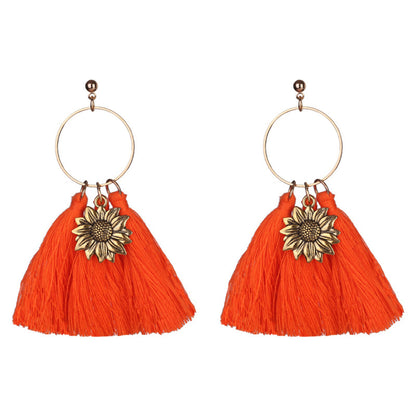 Orange Polyster and 18K Gold-Plated Sunflower Tassel Drop Earrings, gold drop earrings for women, side view