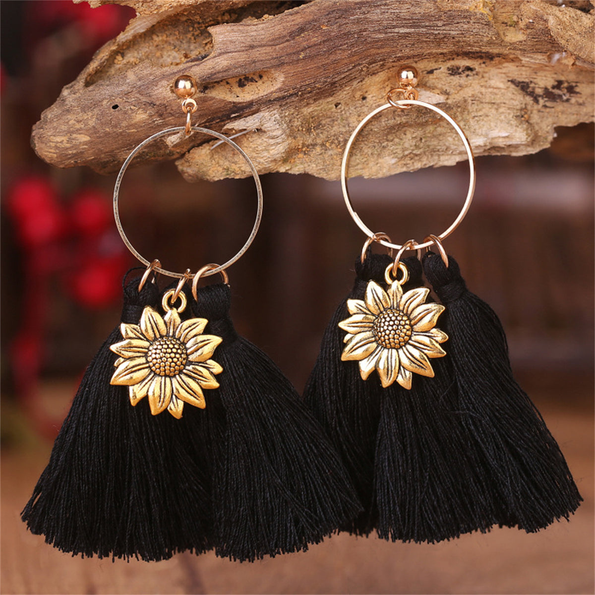 Black Polyster and 18K Gold-Plated Sunflower Tassel Drop Earrings, gold drop earrings for women, front view