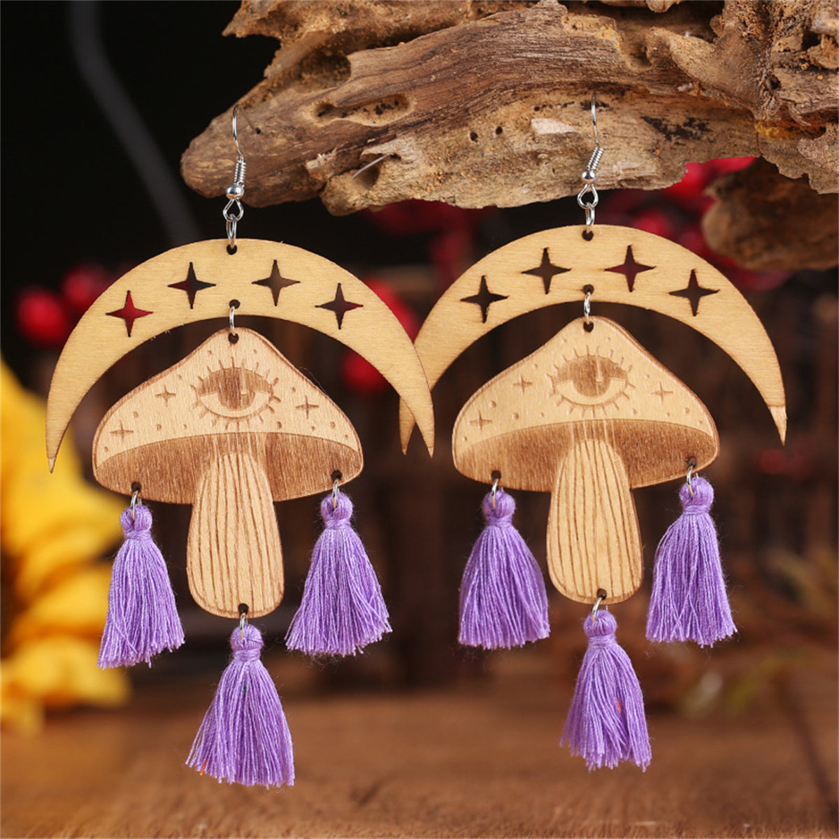 Blue and Light Brown Moon Mushroom Tassel-Accent Drop Earrings, drop earrings for women, everyday style, front view