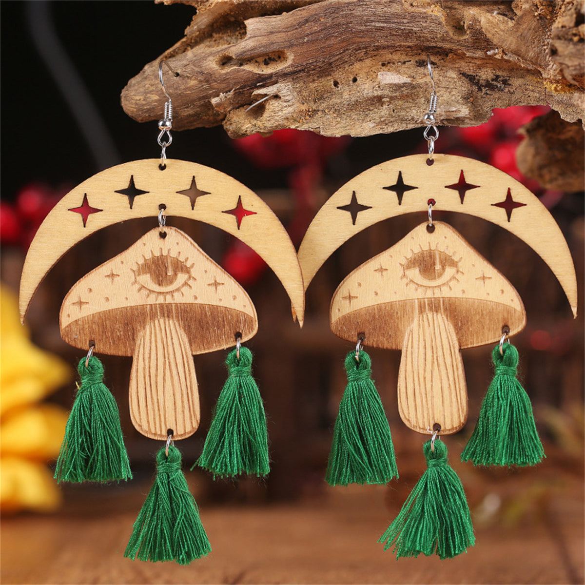 Green and Light Brown Moon Mushroom Tassel-Accent Drop Earrings, drop earrings for women, dainty minimalist design, side view