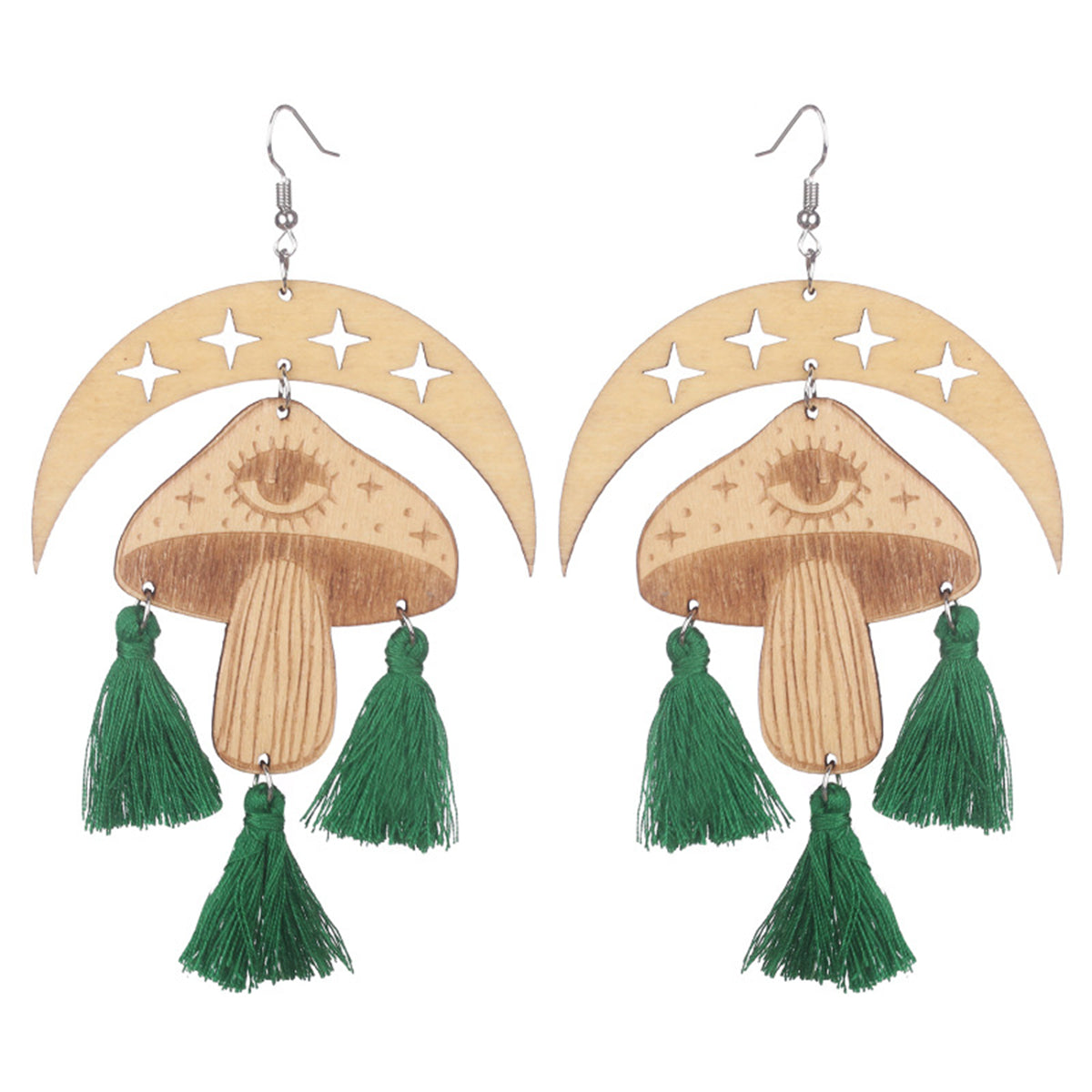 Green and Light Brown Moon Mushroom Tassel-Accent Drop Earrings, drop earrings for women, front view