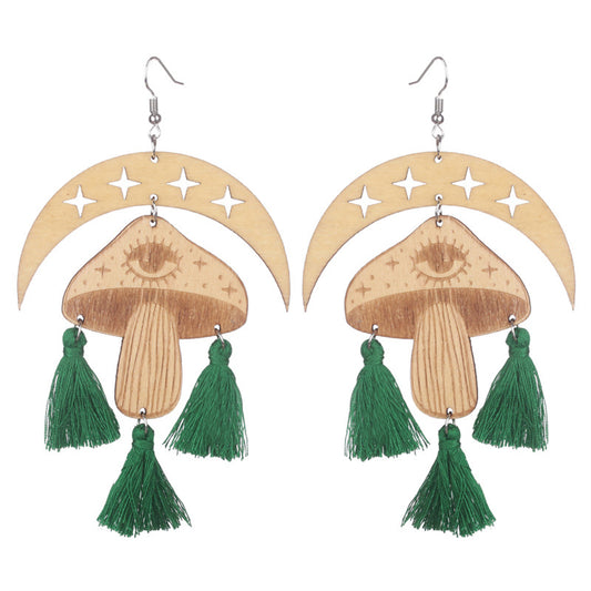 Green and Light Brown Moon Mushroom Tassel-Accent Drop Earrings, drop earrings for women, front view