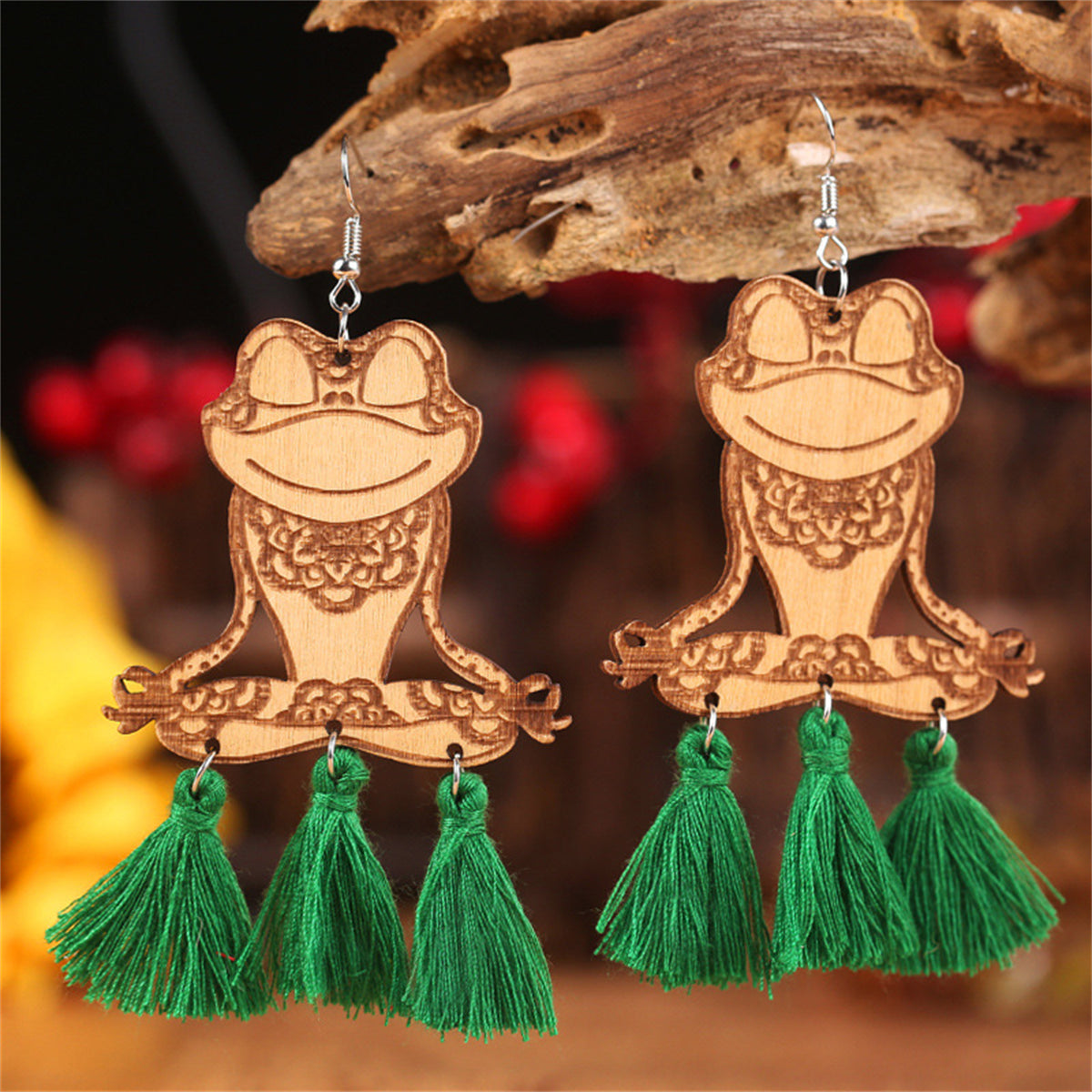 Green Polyester and Wood Frog Tassel Drop Earrings, drop earrings for women, vintage-inspired design, front view