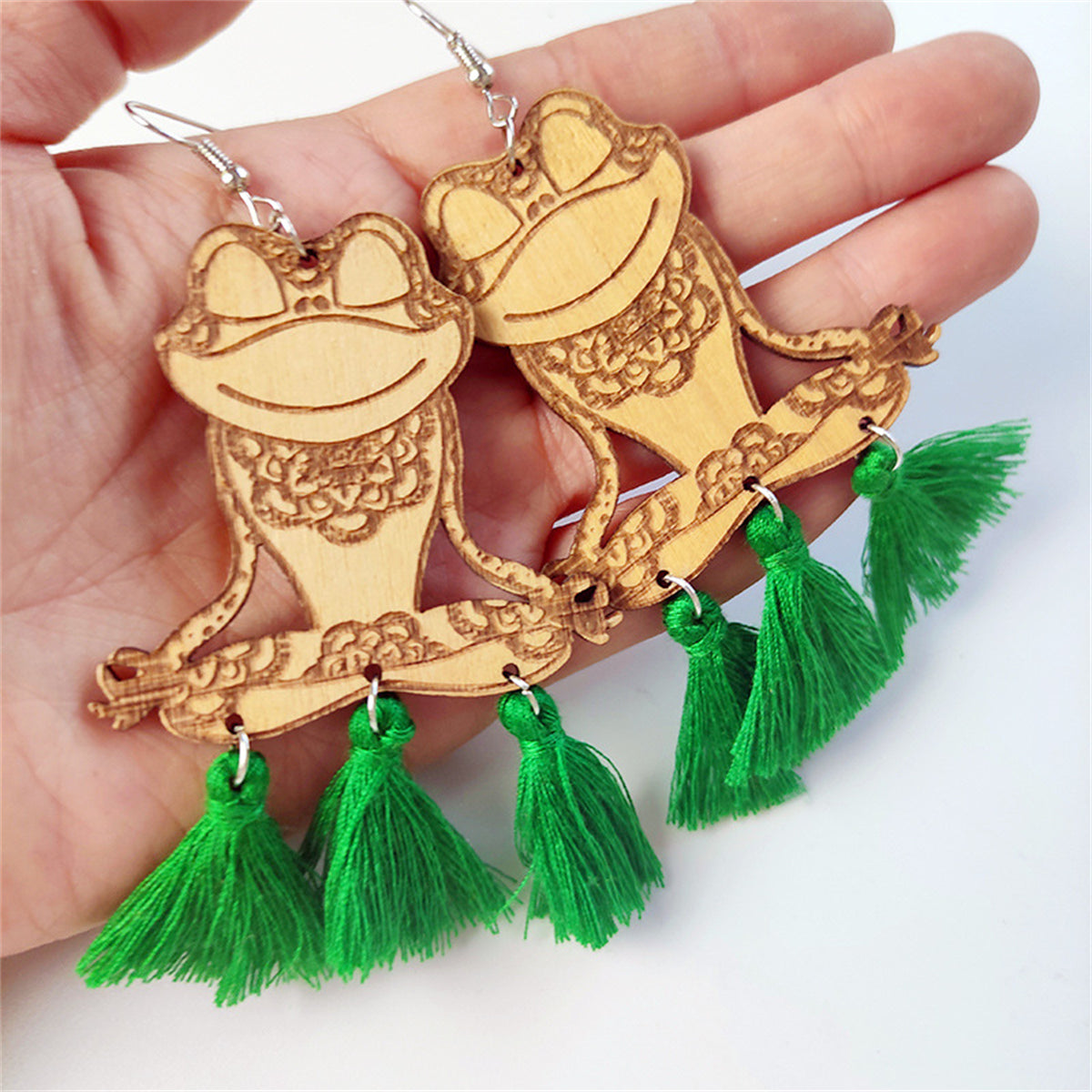 Green Polyester and Wood Frog Tassel Drop Earrings, drop earrings for women, vintage-inspired design, side view