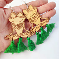 Green Polyester & Wood Frog Tassel Drop Earrings