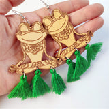 Green Polyester & Wood Frog Tassel Drop Earrings