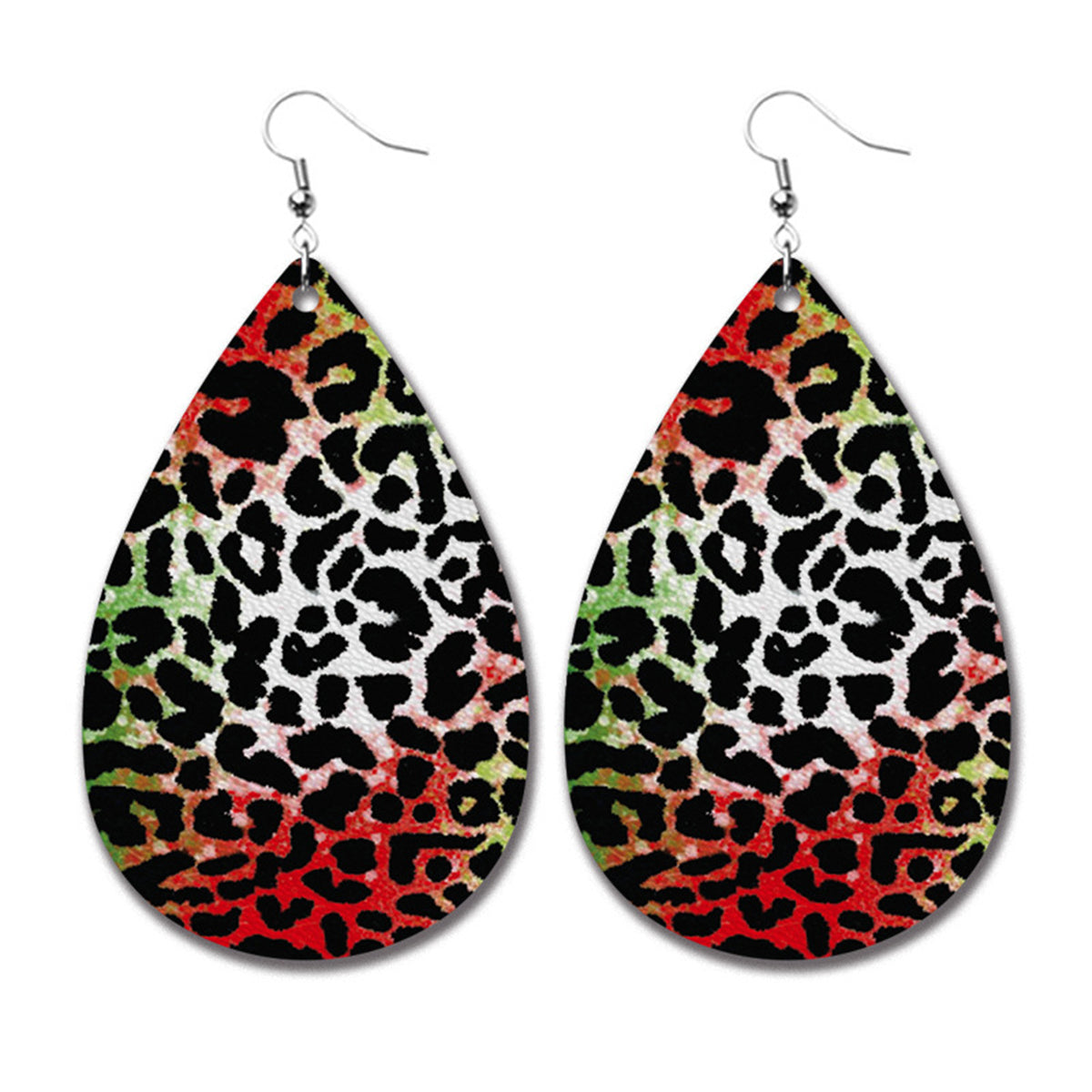 Red and Green Leopard Teardrop Earrings, drop earrings for women, elegant gift for her, front view
