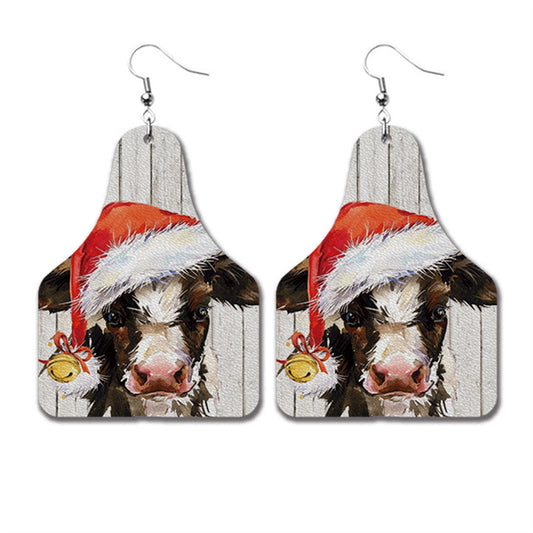 Ivory and Silver-Plated Christmas Hat Cow Dangle Earrings, silver drop earrings for women, elegant gift for her, front view
