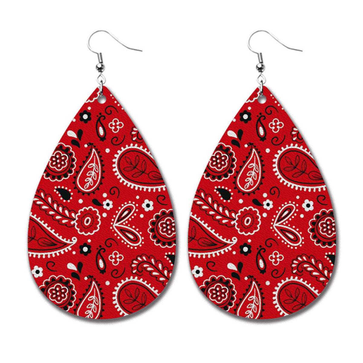 Red Paisley Floral Teardrop Earrings, drop earrings for women, elegant gift for her, front view
