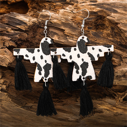 Black and Wood Silver-Plated Cow-Print Scarecrow Drop Earrings, silver drop earrings for women, front view