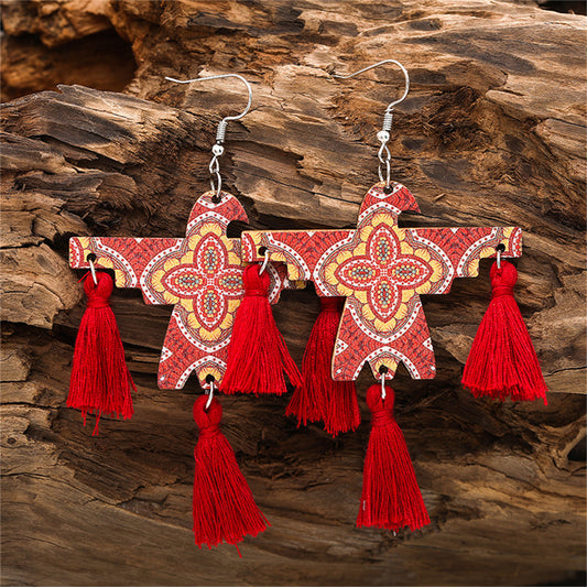 Red Polyester and Wood Scarecrow Drop Earrings, drop earrings for women, everyday style, front view
