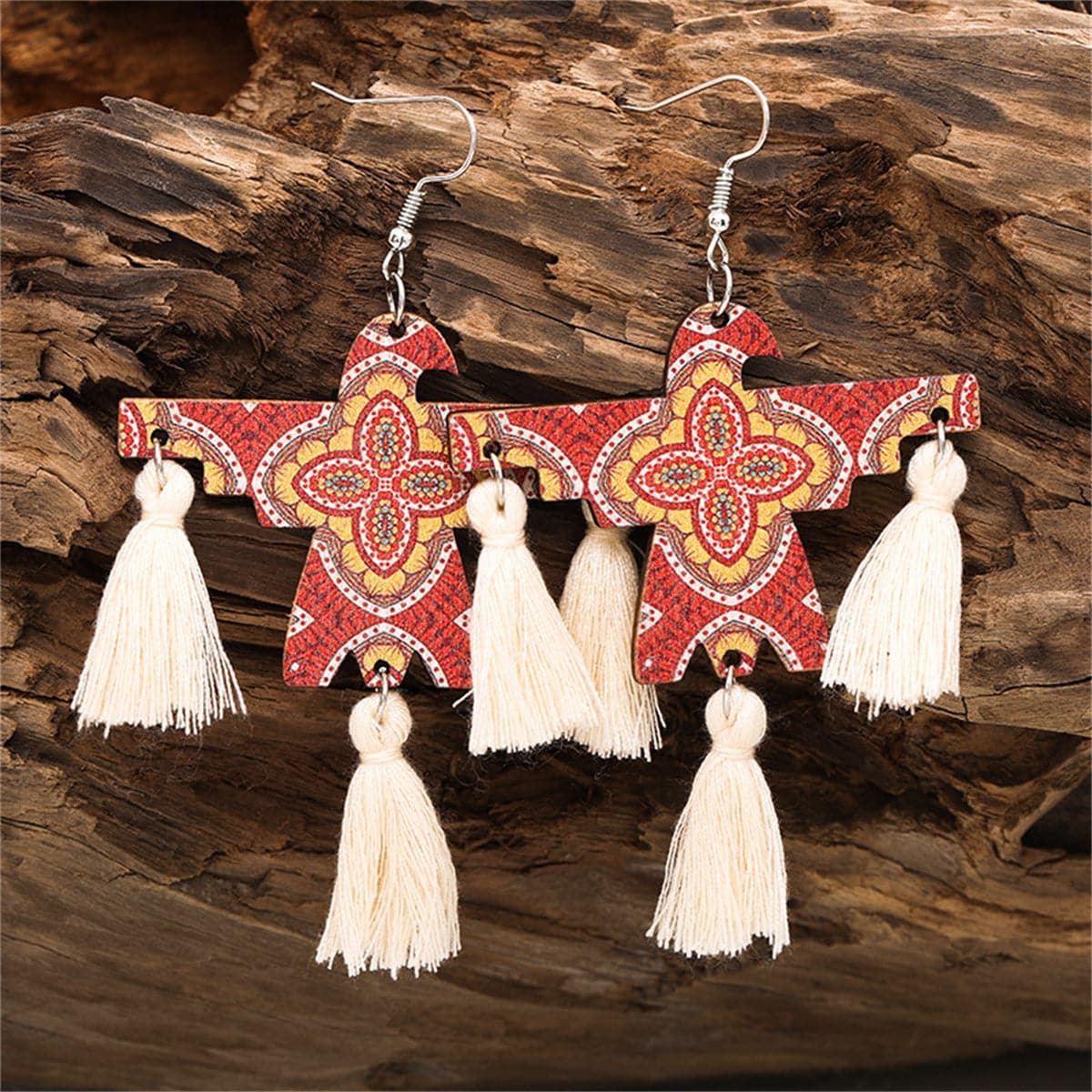 Red Polyester and Wood Scarecrow Drop Earrings, drop earrings for women, dainty minimalist design, front view