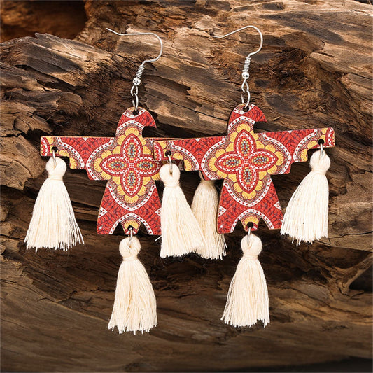 Red Polyester and Wood Scarecrow Drop Earrings, drop earrings for women, dainty minimalist design, front view