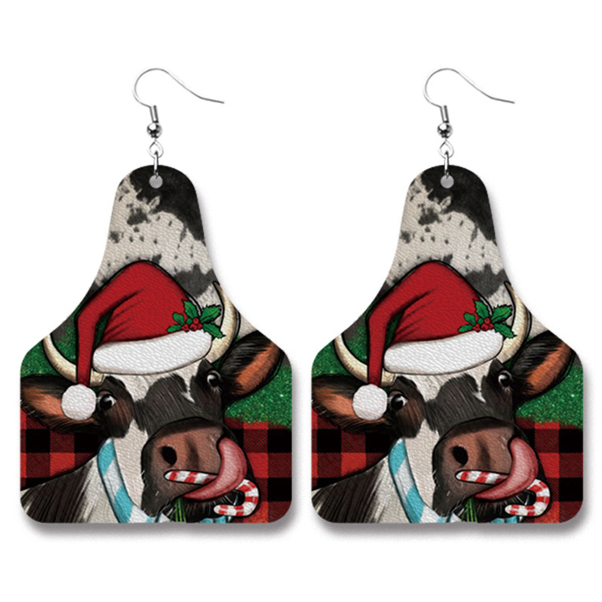 Red Plaid and Silver-Plated Christmas Hat Cow Dangle Earrings, silver drop earrings for women, everyday style, front view