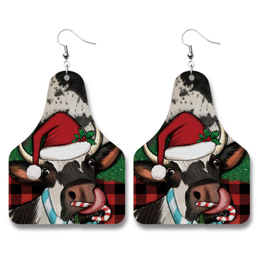 Red Plaid and Silver-Plated Christmas Hat Cow Dangle Earrings, silver drop earrings for women, everyday style, front view