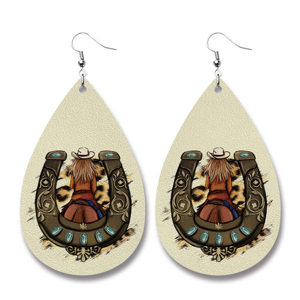 Beige Horseshoe and Cowgirl Teardrop Earrings, drop earrings for women, dainty minimalist design, front view