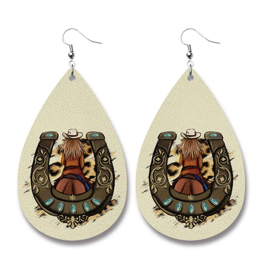 Beige Horseshoe and Cowgirl Teardrop Earrings, drop earrings for women, dainty minimalist design, front view