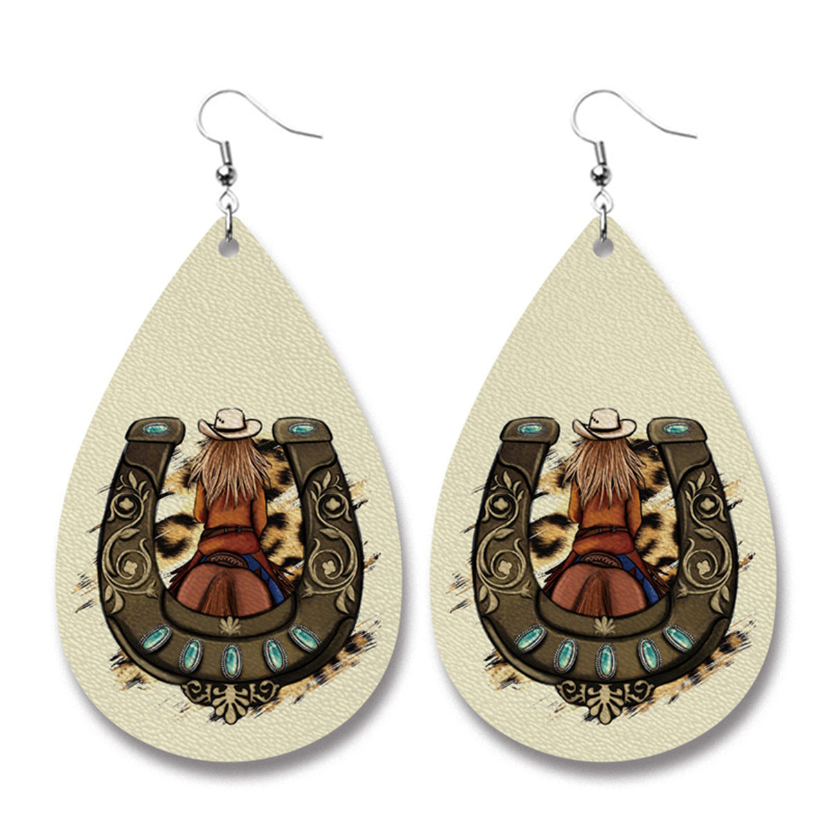 Beige Horseshoe & Cowgirl Teardrop Earrings