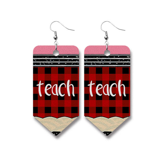Red Polystyrene and Silver-Plated Plaid 'Teach' Pencil Drop Earrings, silver drop earrings for women, front view