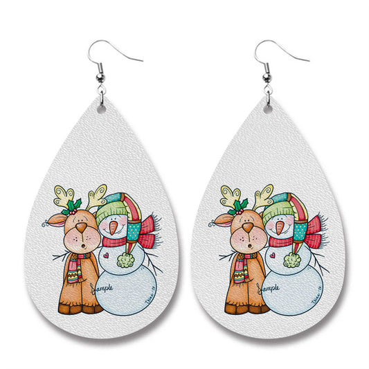 White Snowman and Reindeer Teardrop Earrings, drop earrings for women, everyday style, front view