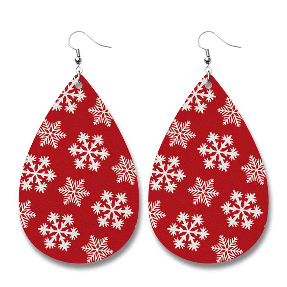 Red and White Snowflake Teardrop Earrings, drop earrings for women, botanical inspired, front view