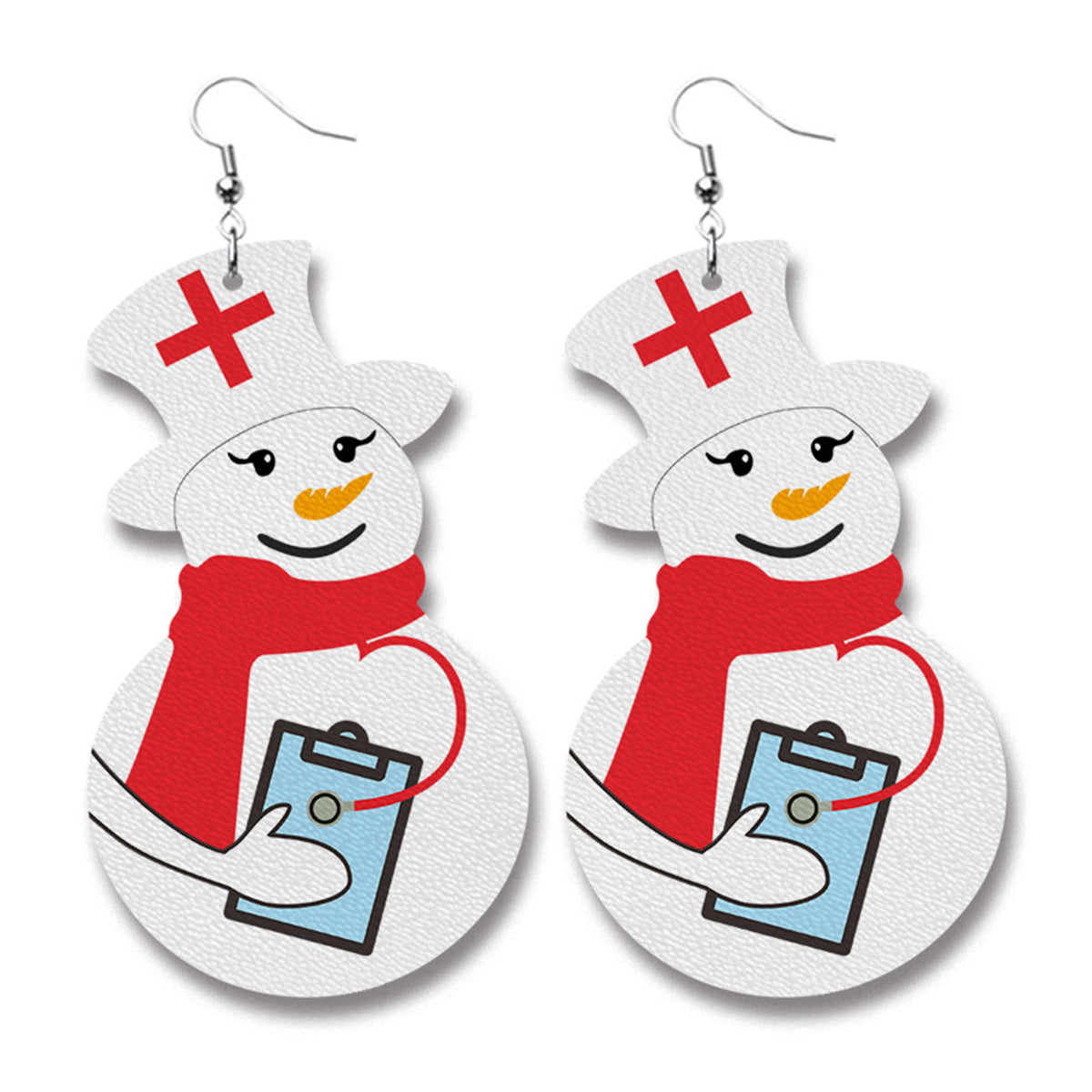 White and Red Snowman Nurse Drop Earrings, drop earrings for women, vintage-inspired design, front view