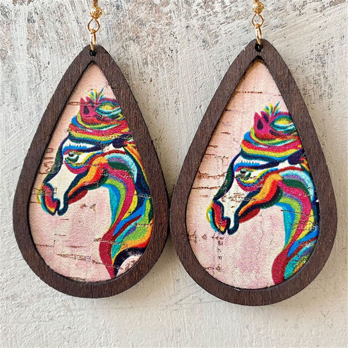 Brown and Pink Wood Rainbow Horse Teardrop Earrings, drop earrings for women, everyday style, front view