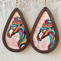 Brown & Pink Wood Rainbow Horse Teardrop Earrings
