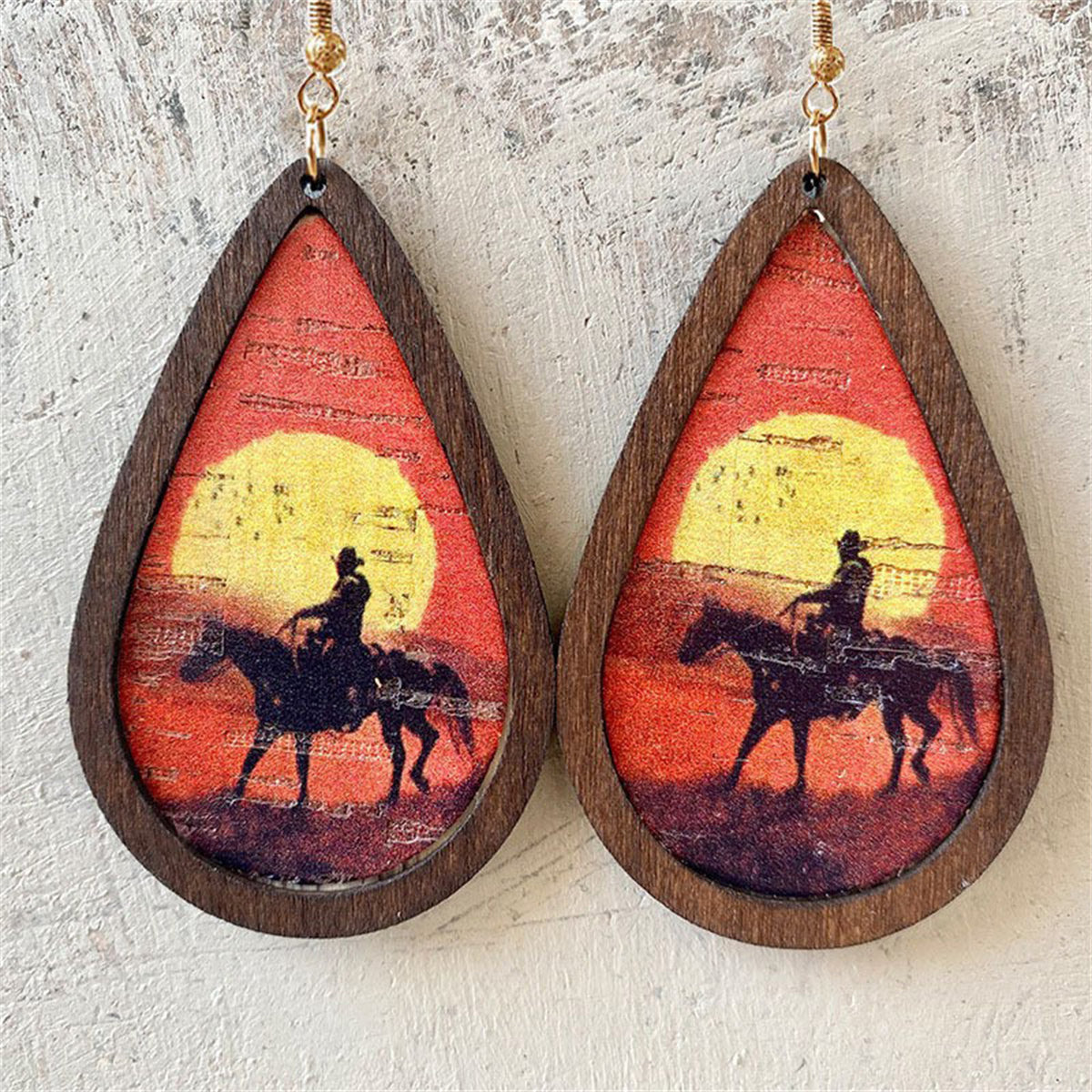 Red and Wood 18K Gold-Plated Cowboy Drop Earrings, gold drop earrings for women, everyday style, front view