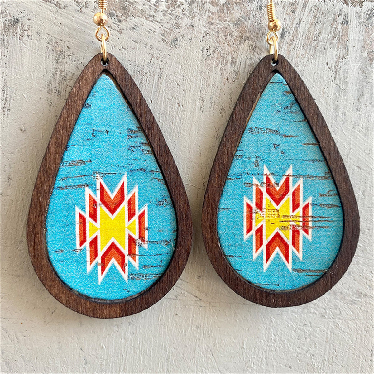 Aqua and Wood 18K Gold-Plated Geometric Drop Earrings, gold drop earrings for women, elegant gift for her, front view