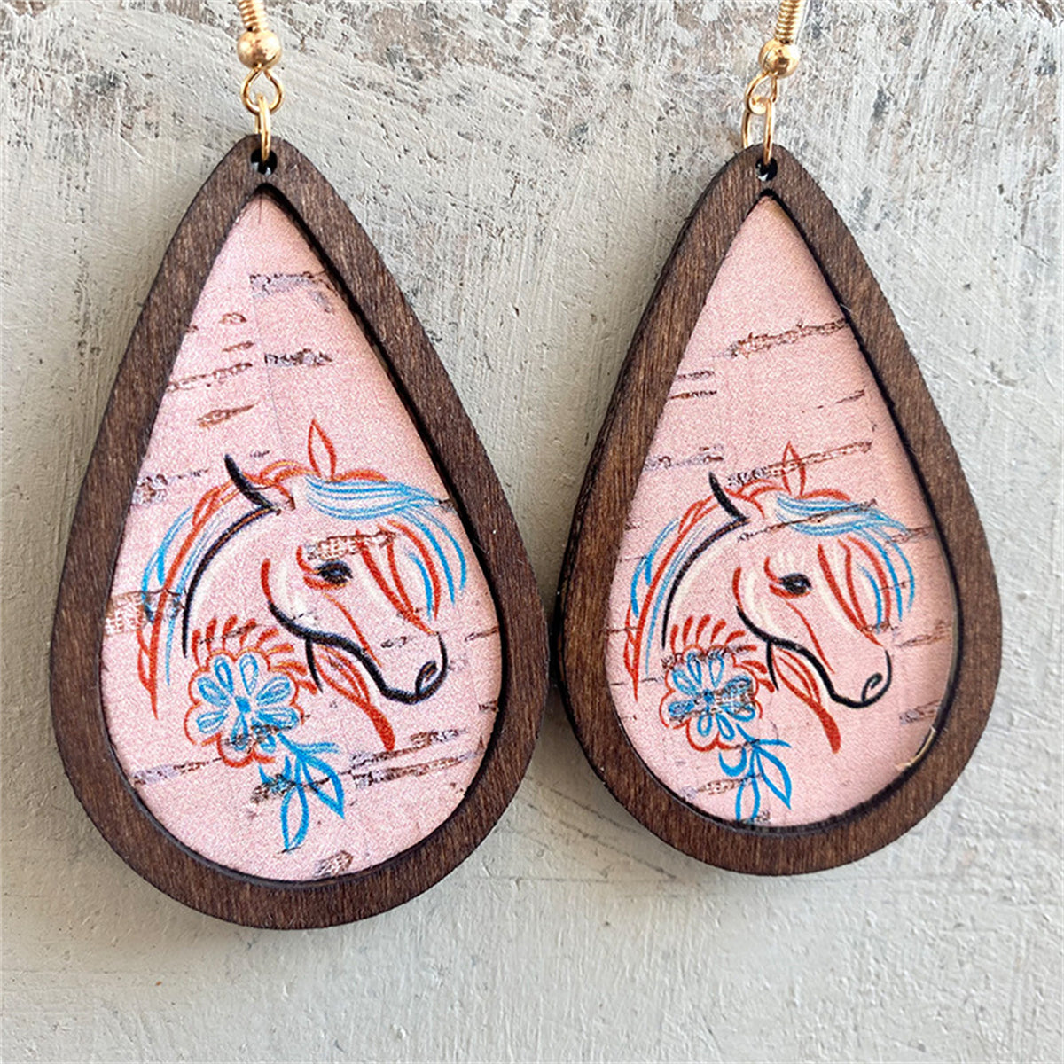 Brown and Pink Wood Unicorn Teardrop Earrings, drop earrings for women, dainty minimalist design, front view