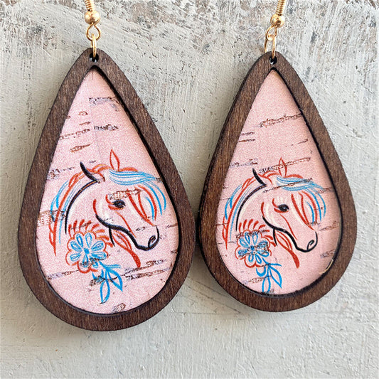 Brown and Pink Wood Unicorn Teardrop Earrings, drop earrings for women, dainty minimalist design, front view