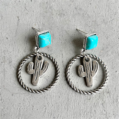 Turquoise and Silver-Plated Cactus Drop Earrings, silver drop earrings for women, everyday style, side view