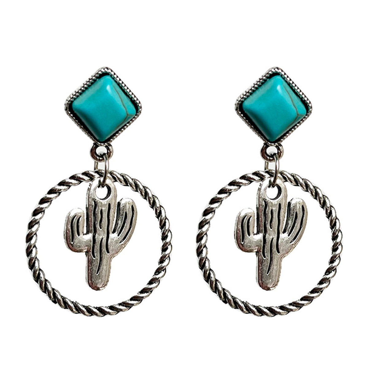 Turquoise and Silver-Plated Cactus Drop Earrings, silver drop earrings for women, everyday style, front view