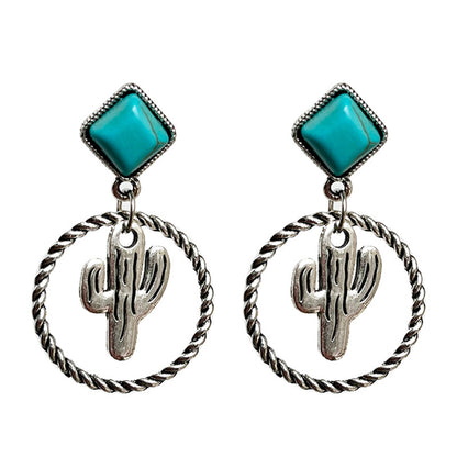 Turquoise and Silver-Plated Cactus Drop Earrings, silver drop earrings for women, everyday style, front view