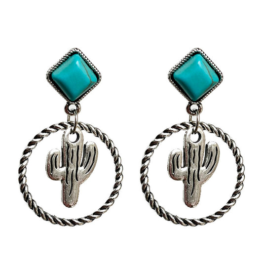Turquoise and Silver-Plated Cactus Drop Earrings, silver drop earrings for women, everyday style, front view