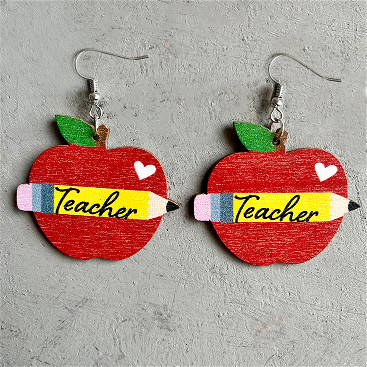 Red Wood and Silver-Plated 'Teacher' Apple Drop Earrings, silver drop earrings for women, everyday style, front view