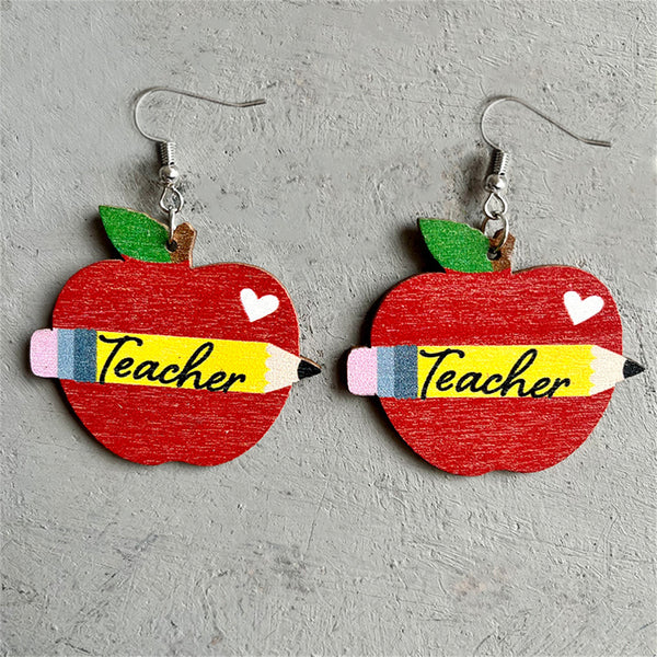 Red Wood & Silver-Plated 'Teacher' Apple Drop Earrings