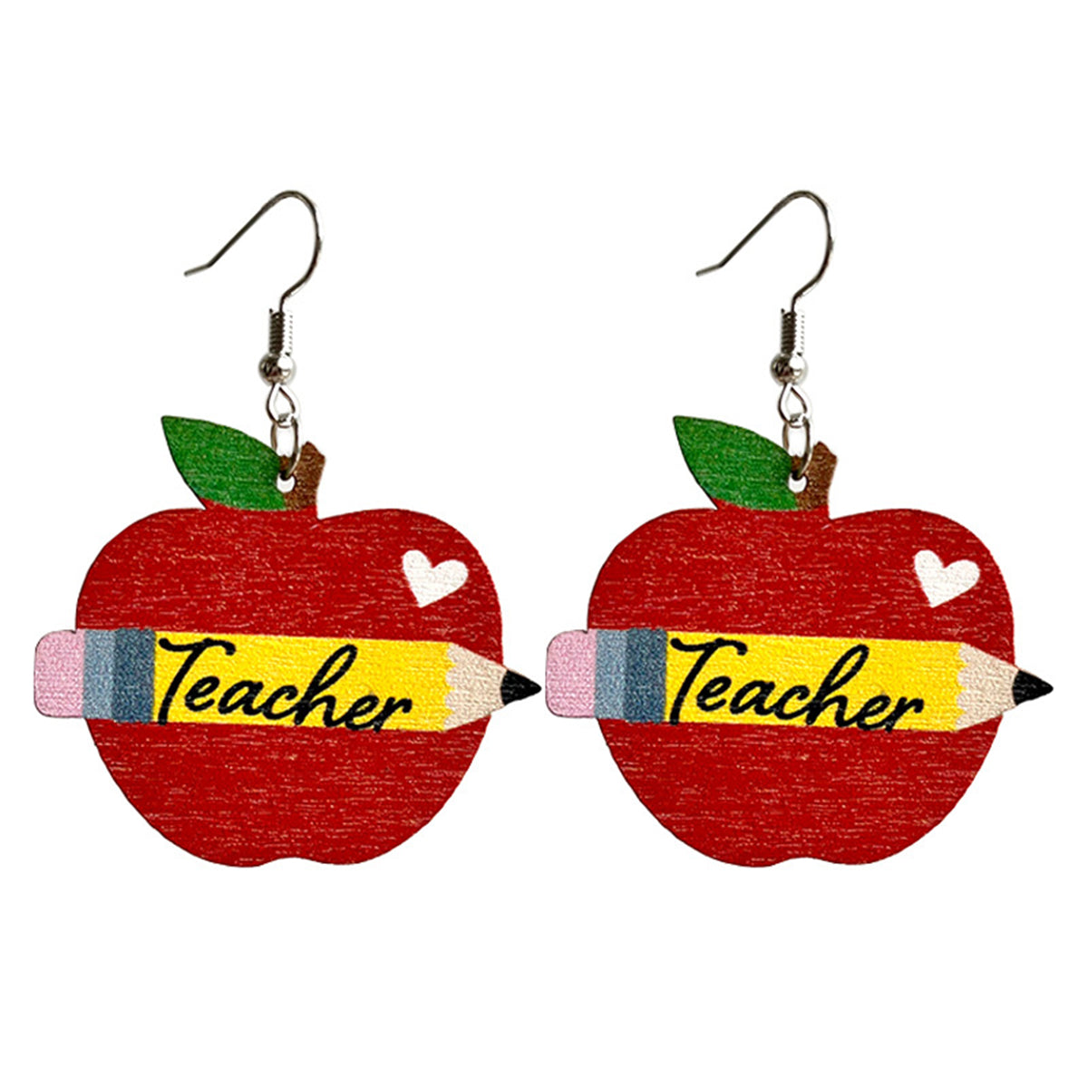 Red Wood and Silver-Plated 'Teacher' Apple Drop Earrings, silver drop earrings for women, everyday style, side view