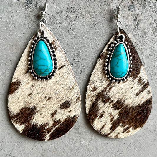 Light Brown Polystyrene and Turquoise Cow-Print Teardrop Earrings, drop earrings for women, front view
